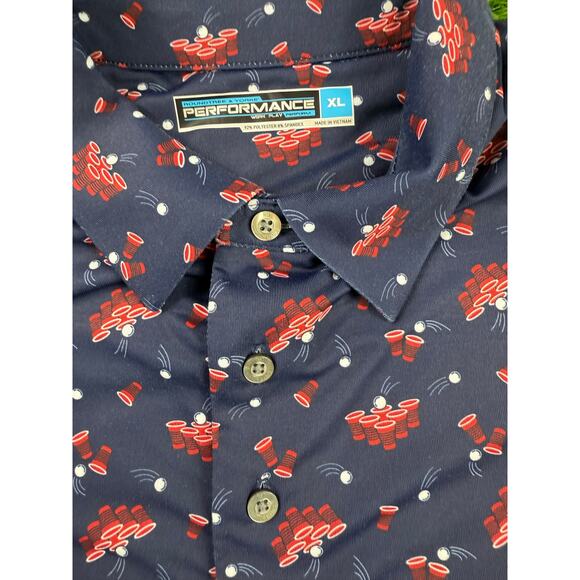 Roundtree & Yorke Performance Polo Shirt XL Beer Pong Red Cups Golf Print Party - Picture 2 of 8